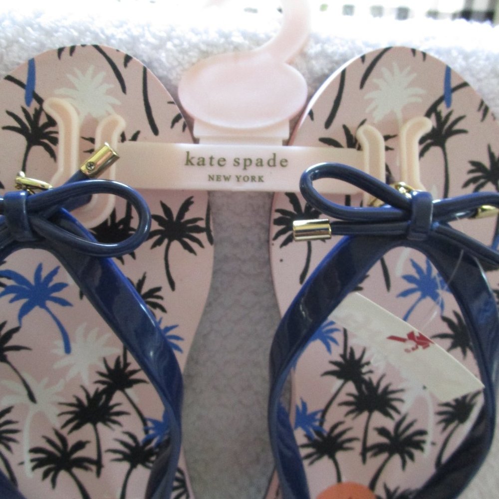 KATE SPADE NOVA PINK With Navy Palm Tree FLIP FLOPS SANDALS (WOMENS 7) NAVY BOW